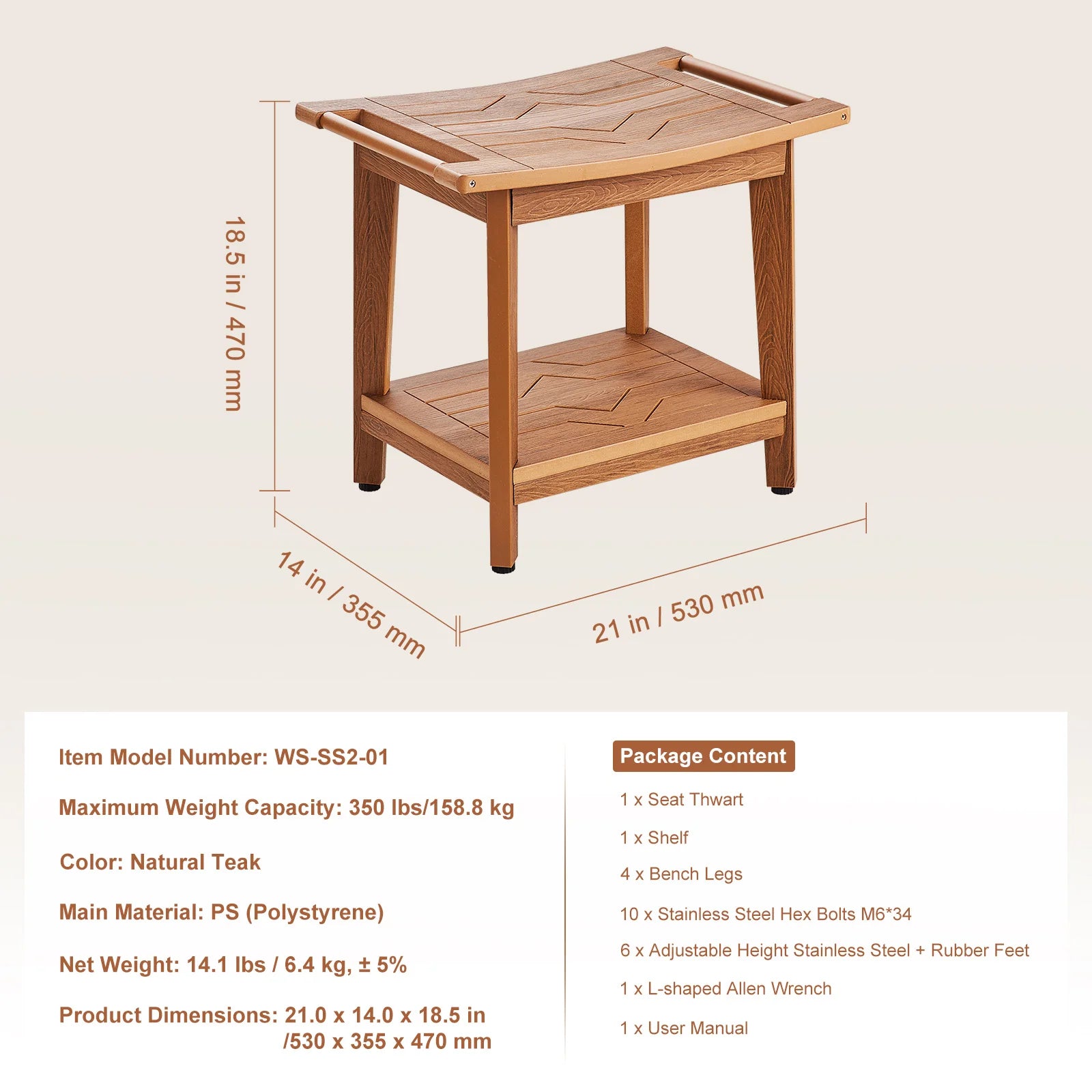 Bamboo Shower Bench with Storage Shelf 330lb Capacity Stool