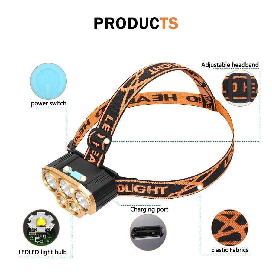 Powerful 5 LED Headlamp USB Rechargeable Headlamp Fishing Head Flashlight Waterproof Hunting Camping Outdoor Run Hiking Light