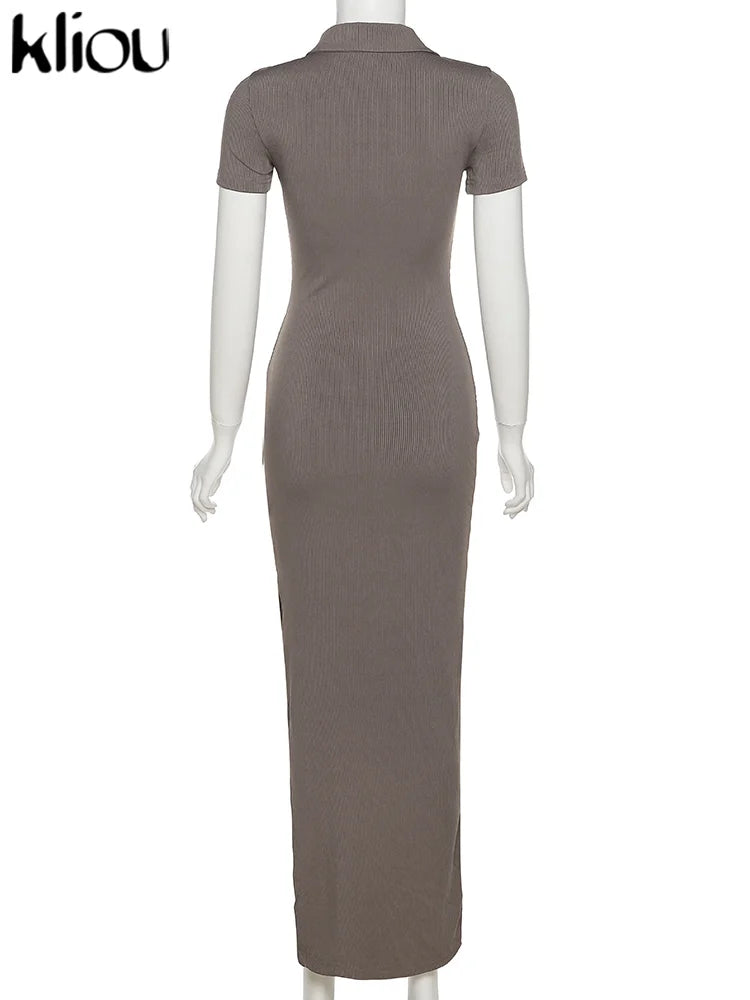 Kliou Elegant Office Lady Maxi Dress Women Solid Fashion Turn-down Collar Short Sleeve Button Side Slit Body-Shaping Street Robe 