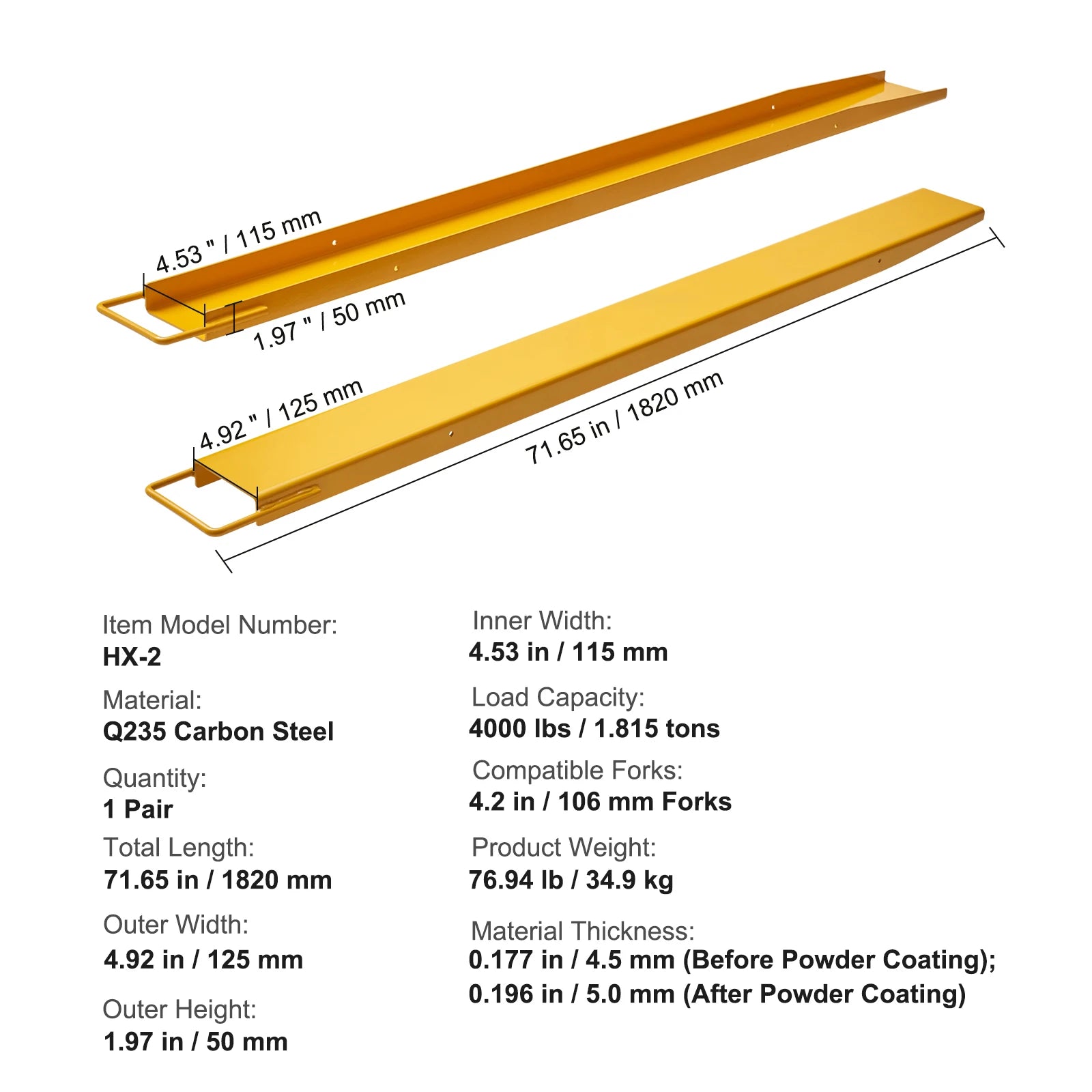 Forklift Pallet Fork Extensions 59.8in Steel Pair 4000 lb Capacity
