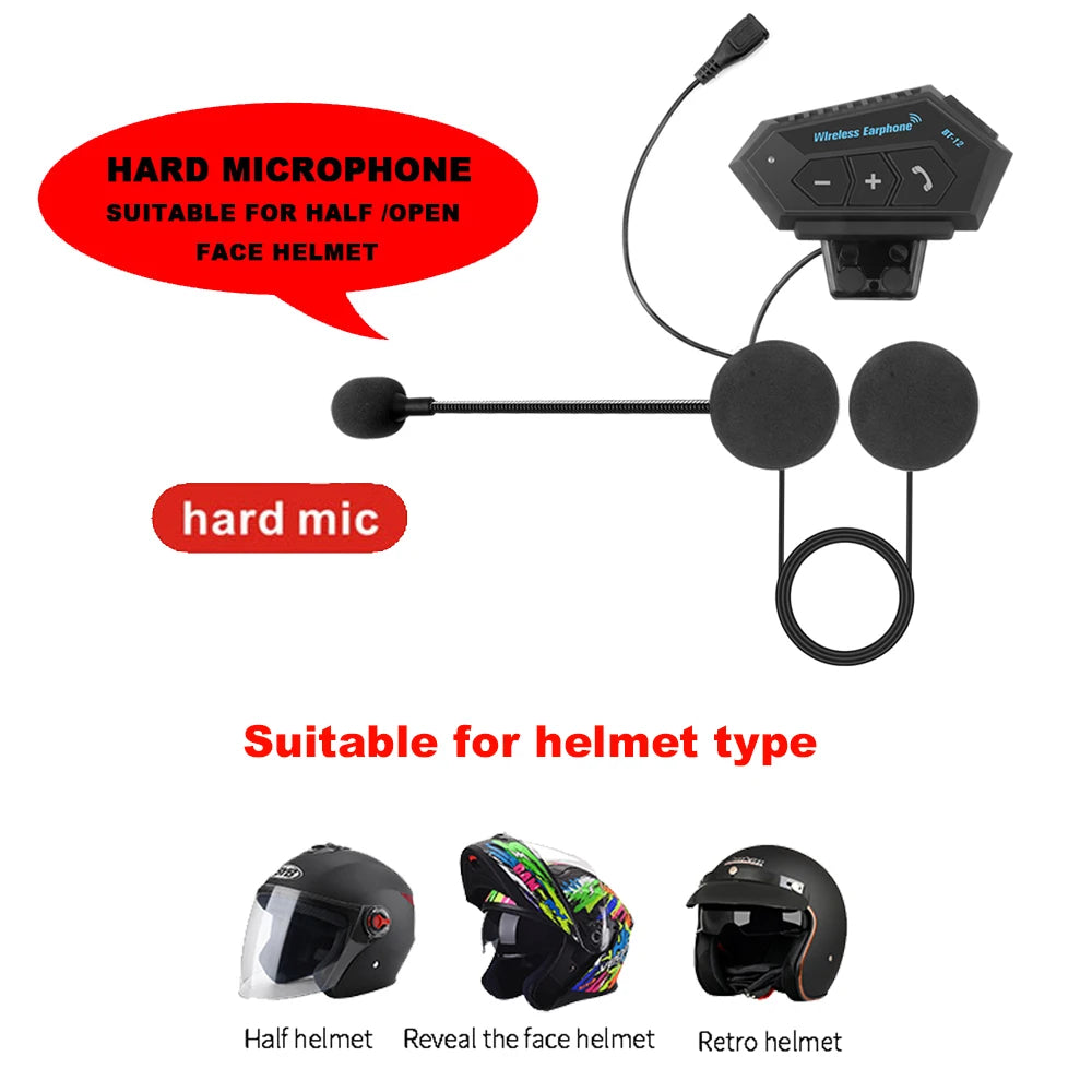 BT12 Motorcycle Helmet Headset Stereo Bluetooth Earphone Wireless Handsfree Mic Headphones Music Player For Motorbike Rider 