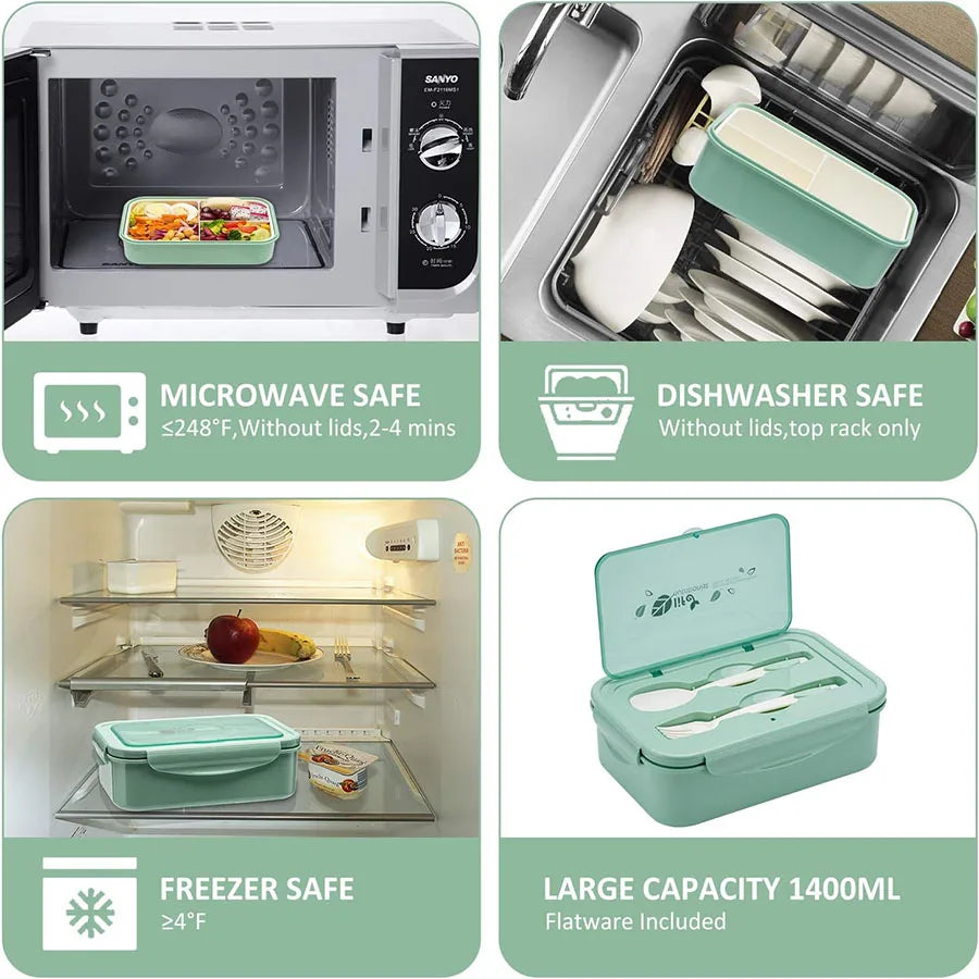Three-Compartment Lunch Box with Spoon and Fork