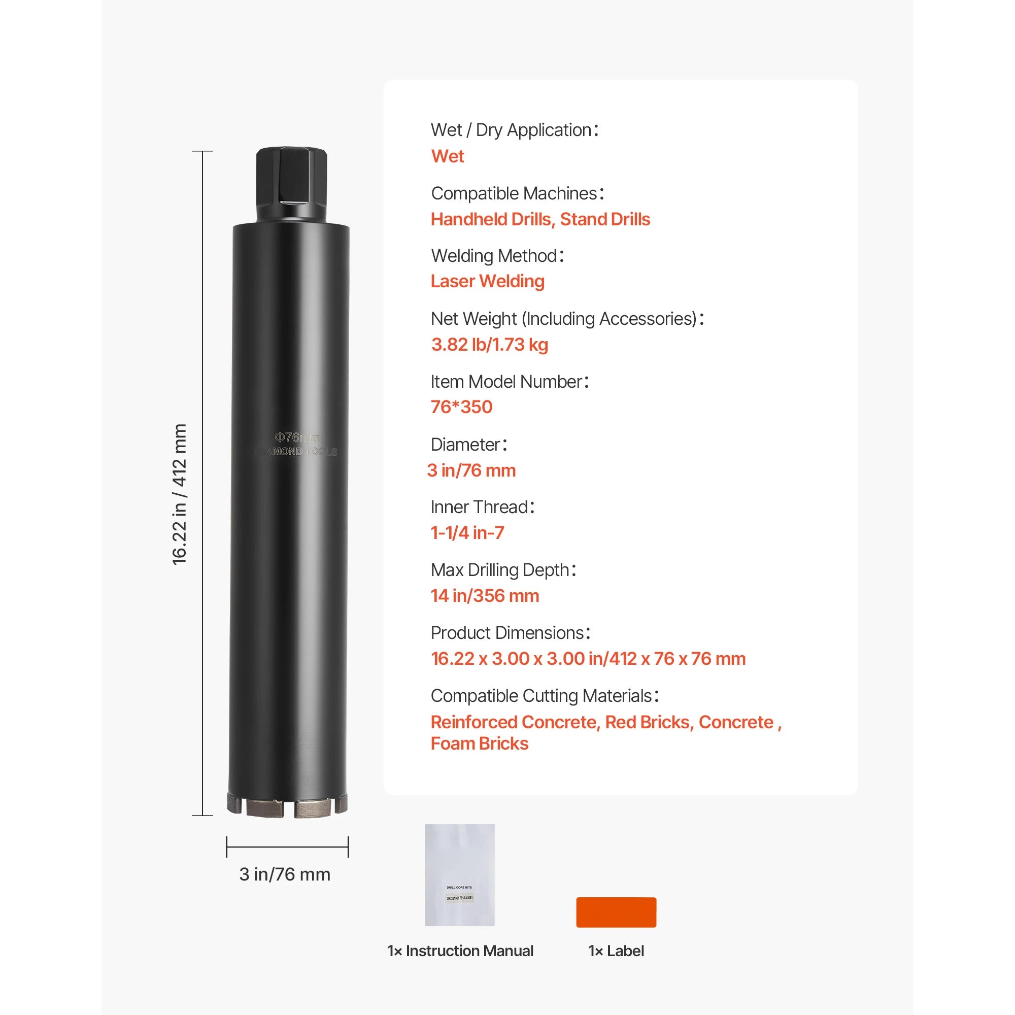 Diamond Core Drill Bit with Adapters for Concrete & Brick Drilling