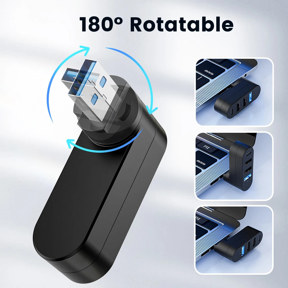 Hub USB rotativo com três portas USB-A e uma porta USB-C
