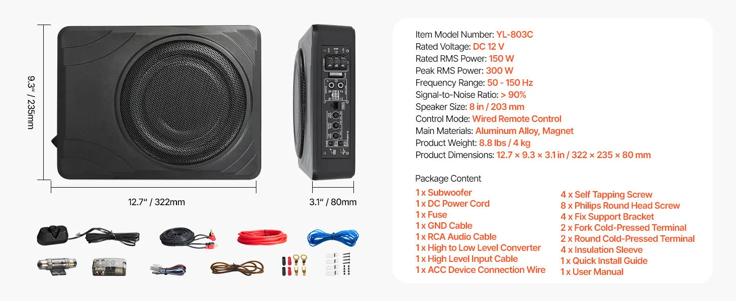 Subwoofer per auto da 8" sotto il sedile con amplificatore integrato 240W di potenza di picco