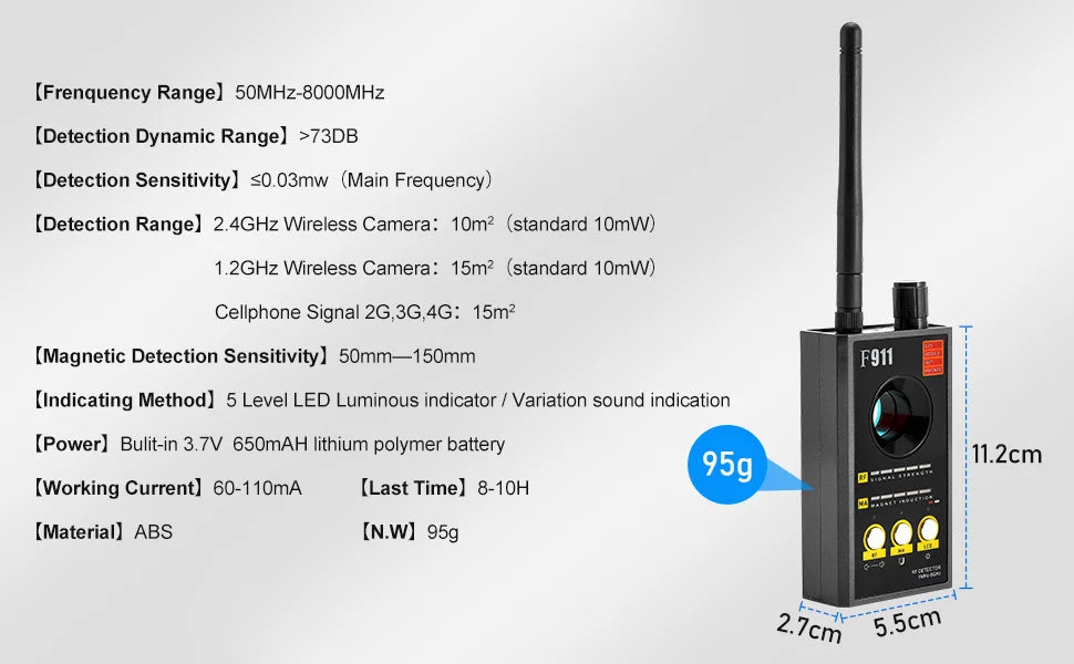 F911 Hidden Camera Detectors, Spy Detector, Bug and GPS Detector, Security Camera Finder, Infrared Scanner