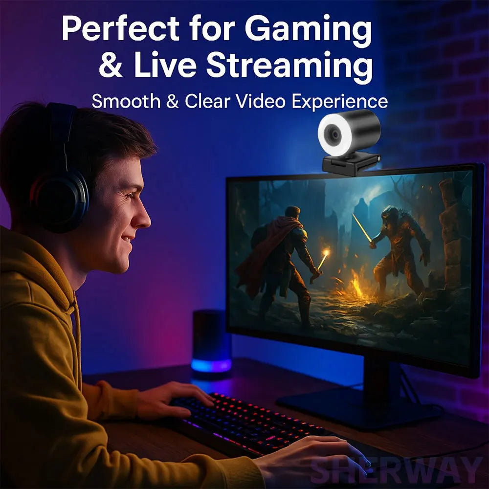 2K streaming webcam med ringlys og autofokus