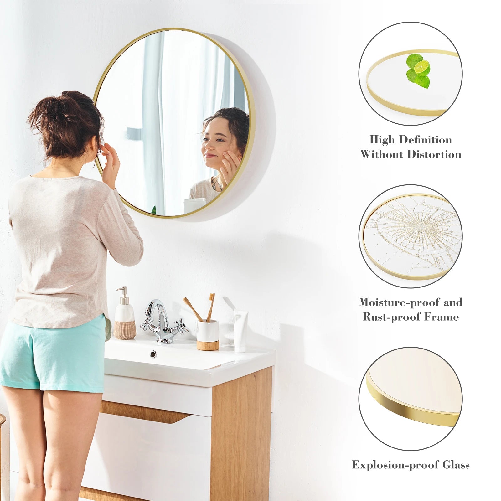 30-Inch Round Gold Framed Wall Mirror with Tempered Glass