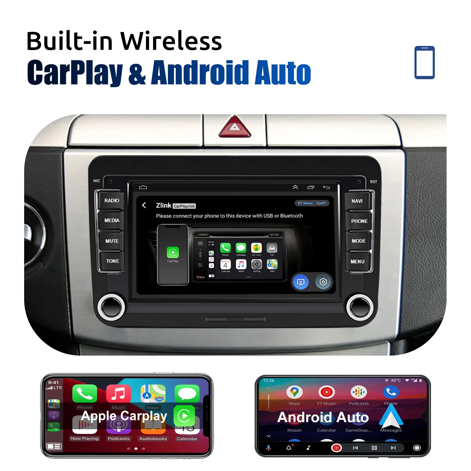 7" Android 14 Car Stereo for VW with CarPlay, GPS & Voice AI