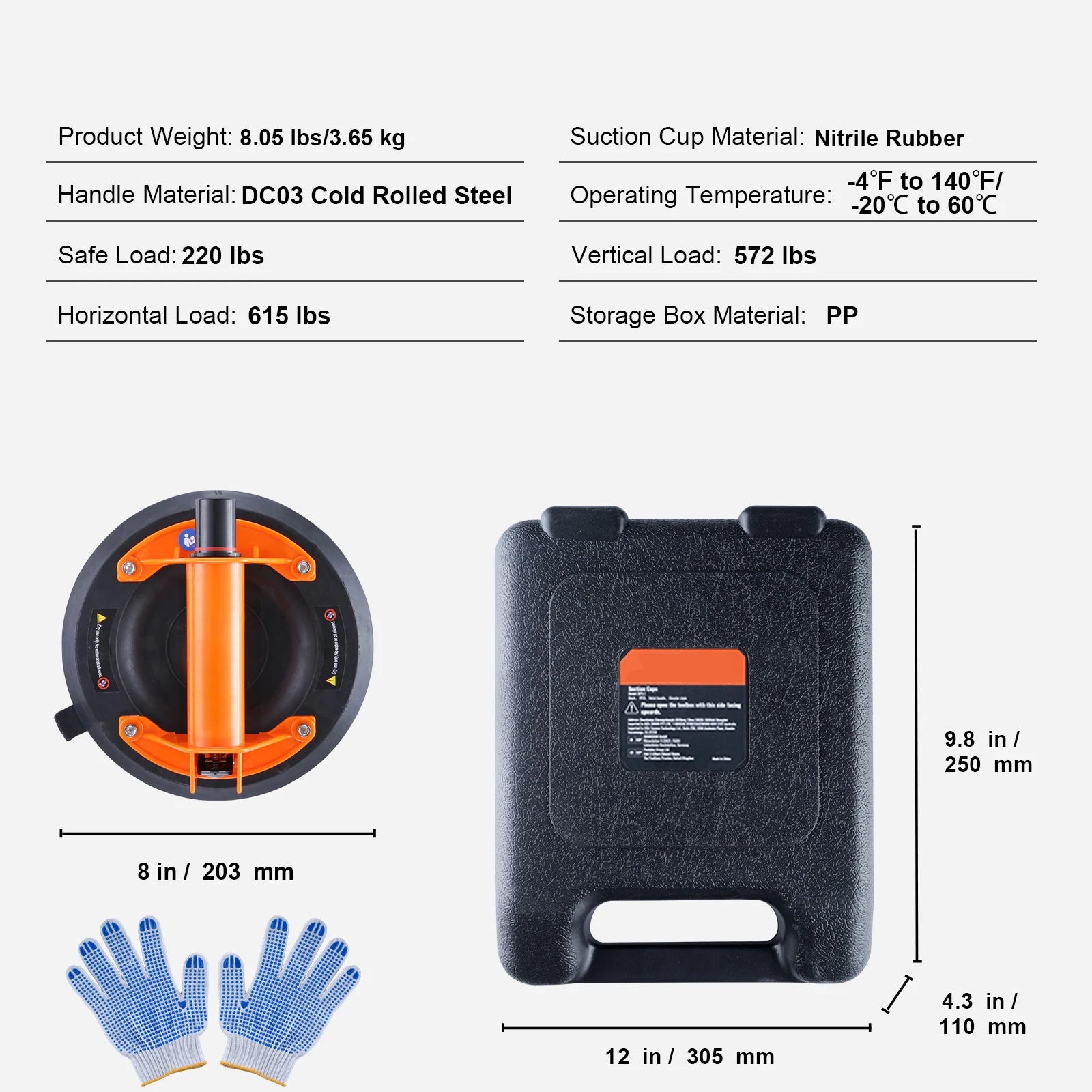 Glass Vacuum Suction Cup Lifter with Handle & Carry Case (8"/10")