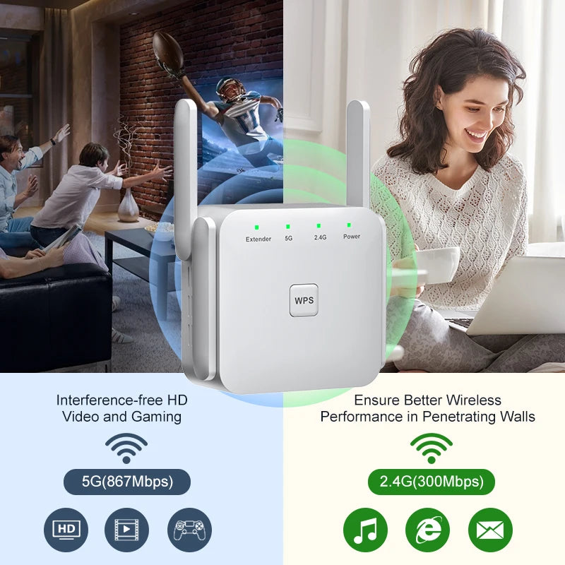 5Ghz WiFi Repeater AC1200 Wi-Fi Booster WiFi Extender Amplifier 2.4G/5GHz Wi-Fi Signal Booster Long Range Network Access Point 