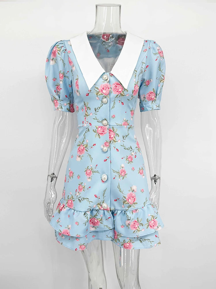 Tornova Print Puff Sleeves Ruffled Dress Women's V-Neck High Waist Pearl Buttons Mini Dress Female Casual Vacation Fashion Dress 