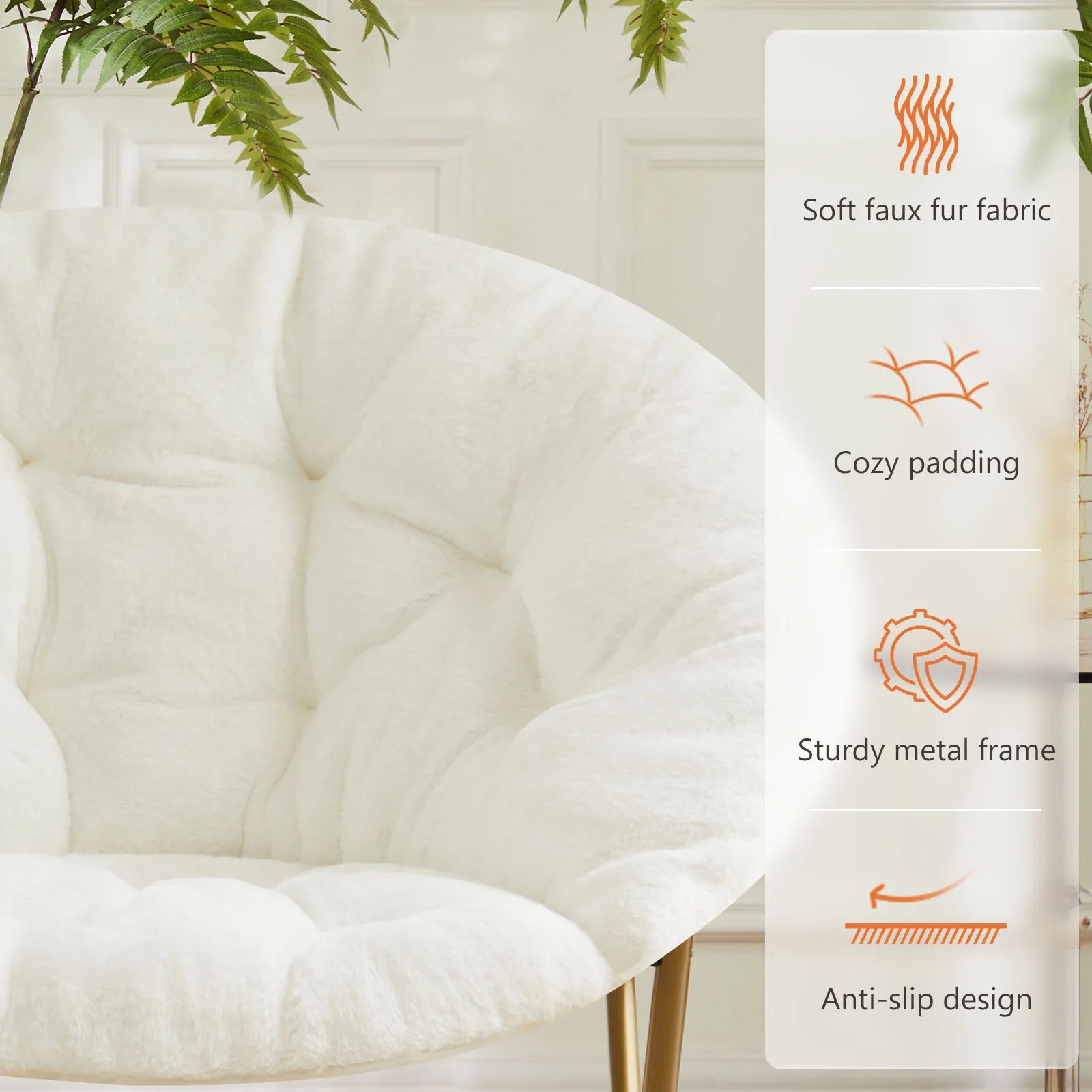 Foldable Faux Fur Saucer Chair with Thick Cushion and Metal Frame