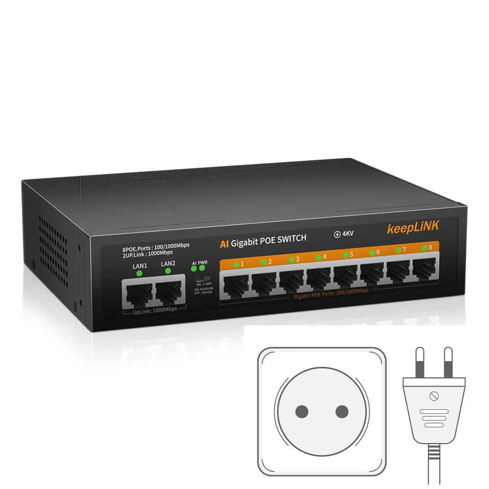 KeepLiNK 10-Port Gigabit Switch with 8-PoE and 2-RJ45 for Uplink Unmanaged Plug and Play 