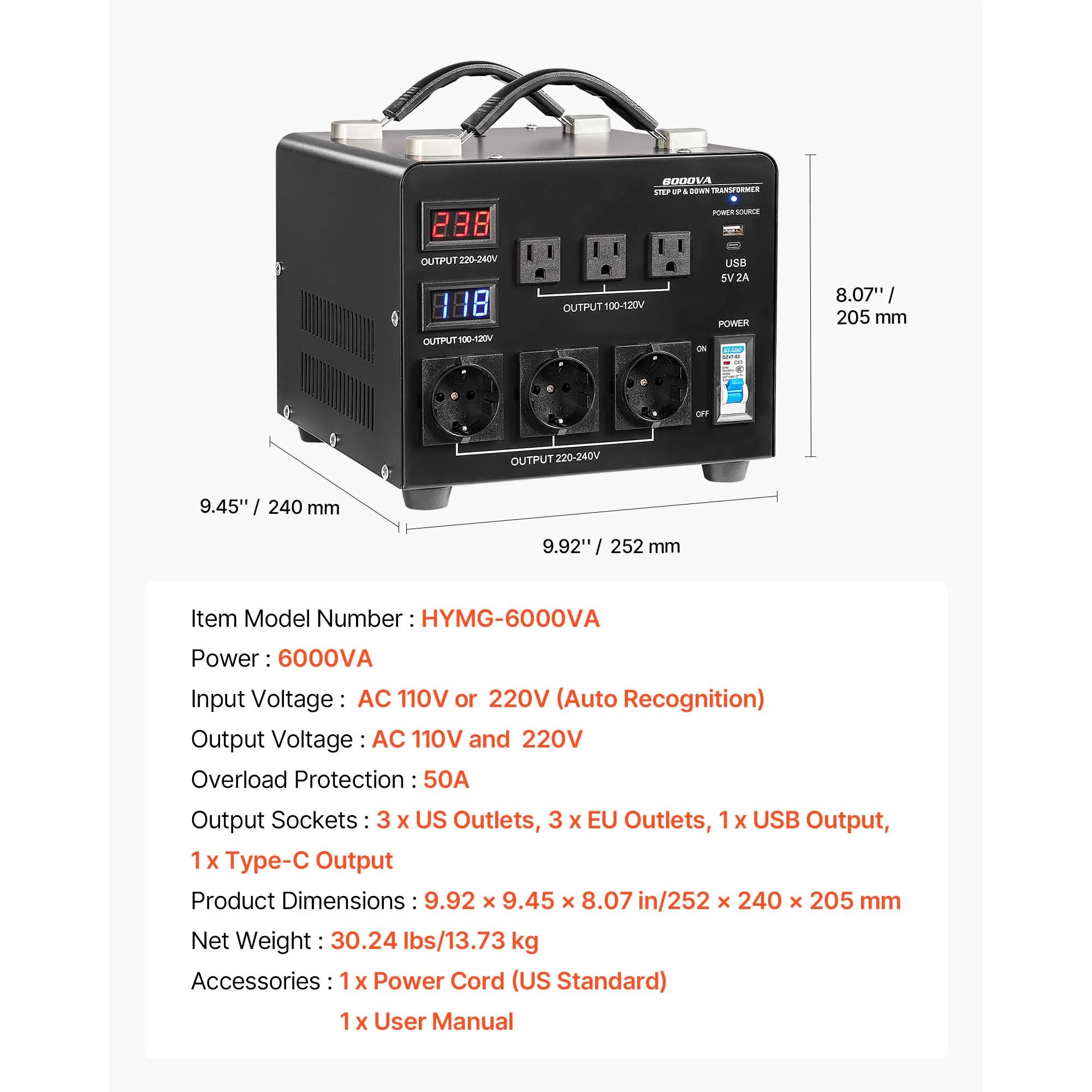 Transformador convertidor de voltaje Step Up & Down 500–6000VA US/EU