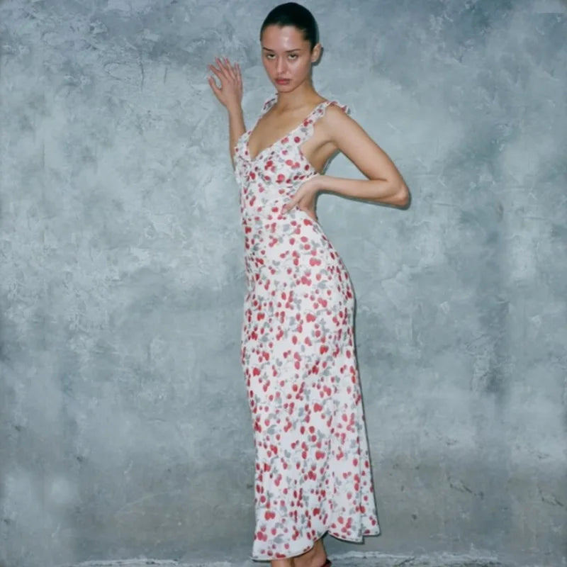 Cryptographic Summer Floral Print Plunge Maxi Dress Outfits Sexy Backless Fairy Sun Dresses Vacation Beachwear Vestido Coquette 