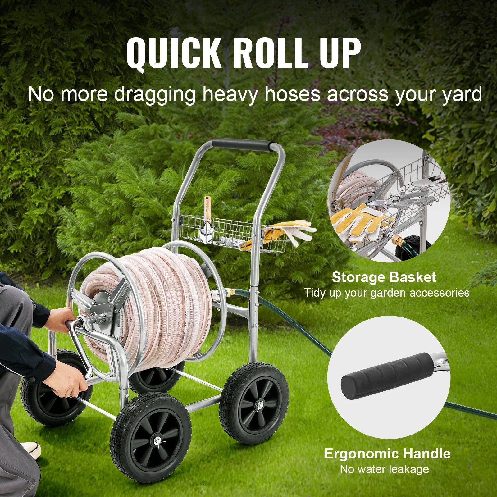 Carrello avvolgitubo da giardino pesante da 250ft con struttura in acciaio e ruote