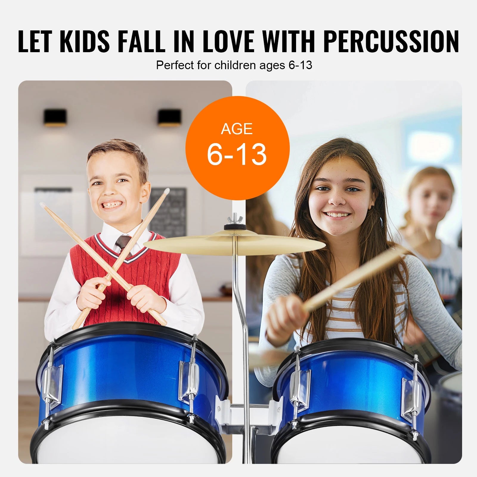 5-Piece Kids Drum Set 16'' Beginner Kit with Bass, Snare & Toms