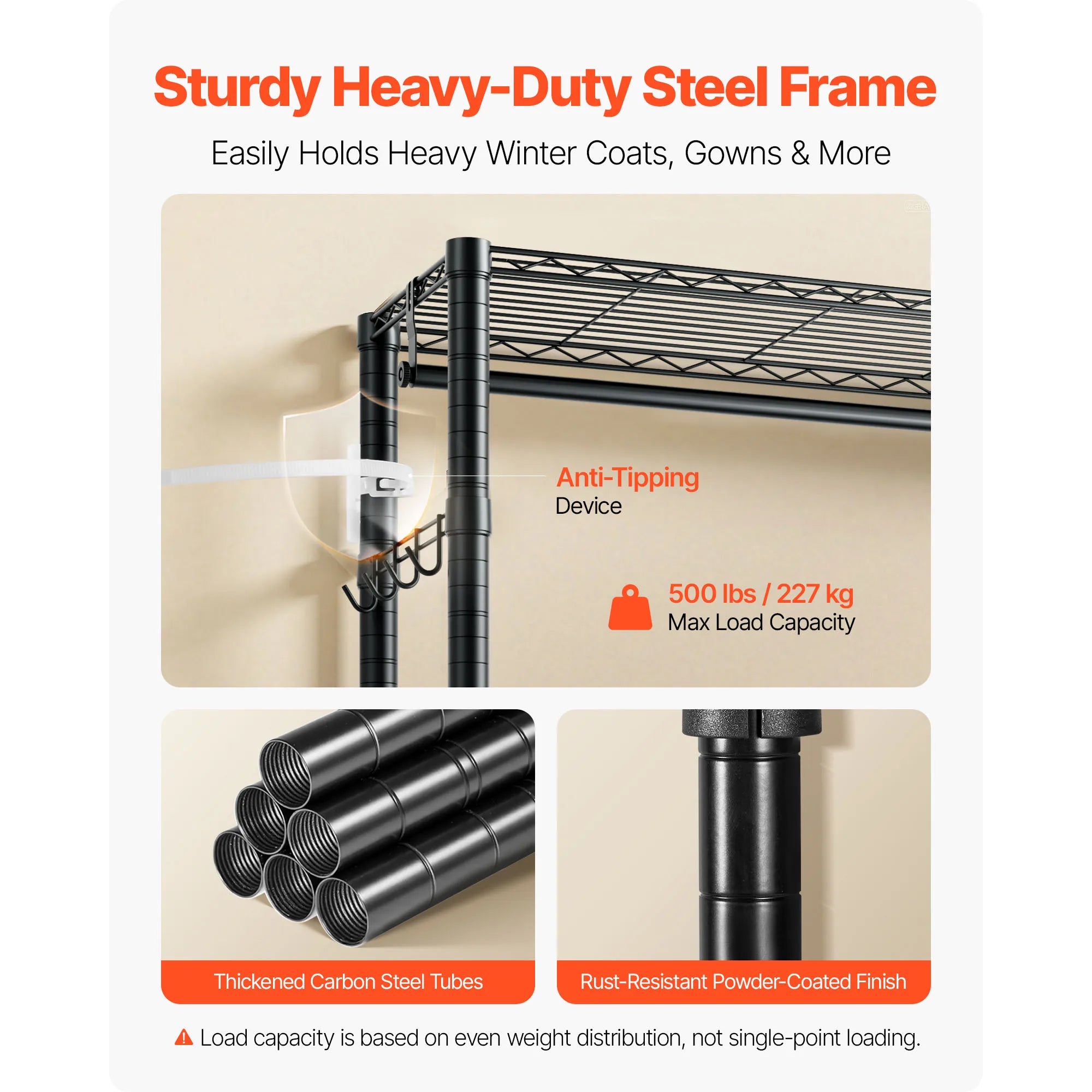 Heavy Duty Clothes Rack with Adjustable Shelves & 450–500 lb Load
