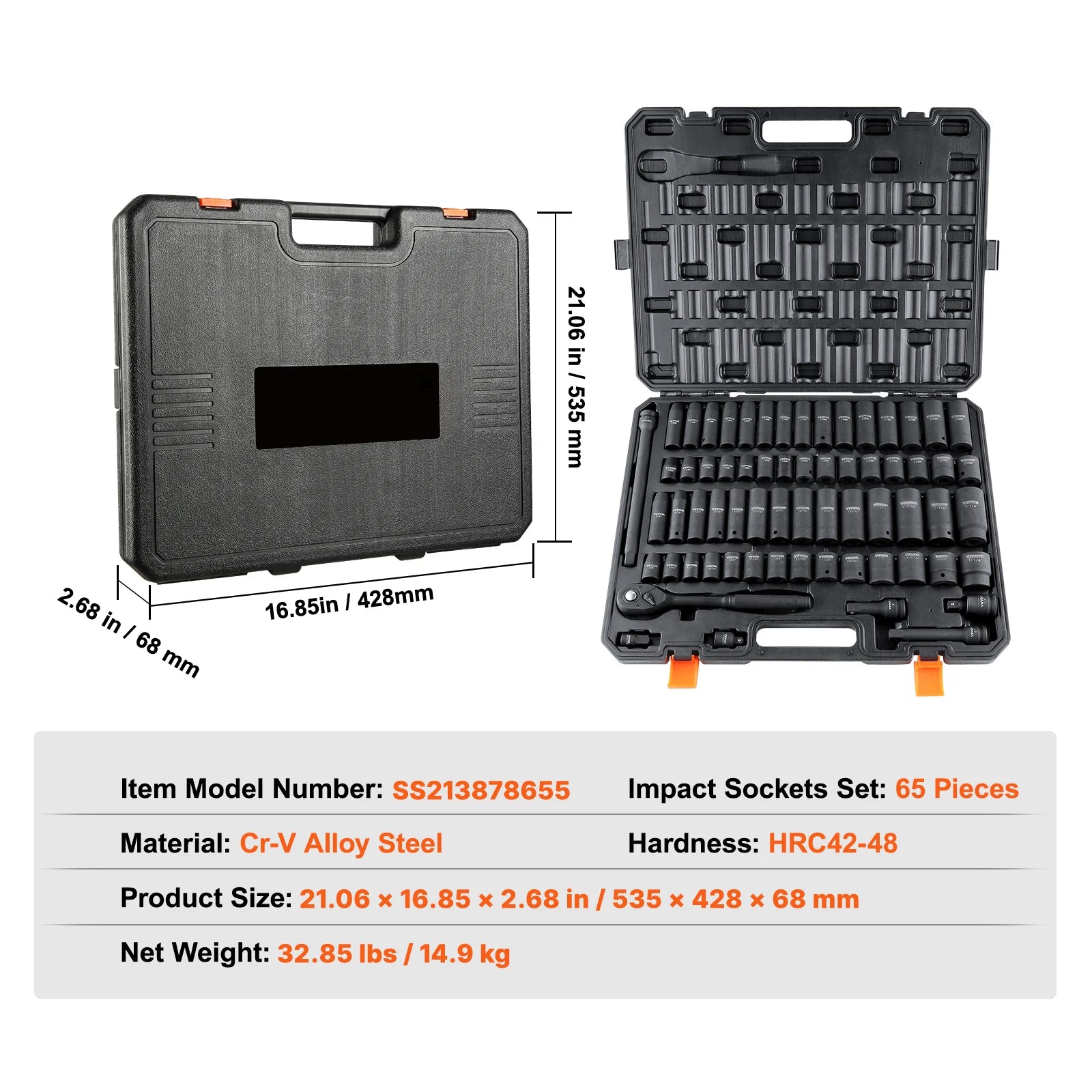 Set udarnih nasadnih ključeva 1/2" pogon, 65 komada, čelik Cr-V, komplet za popravak automobila