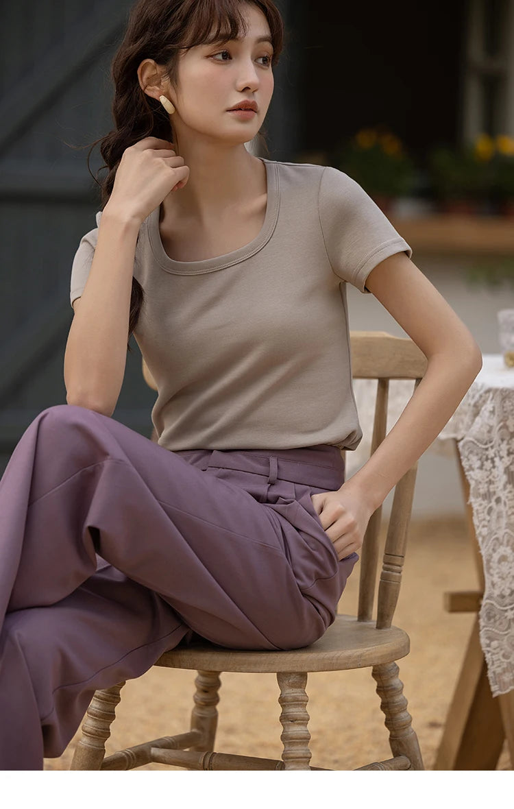 T-shirt da donna in misto cotone con scollo quadrato – Top elegante a maniche corte
