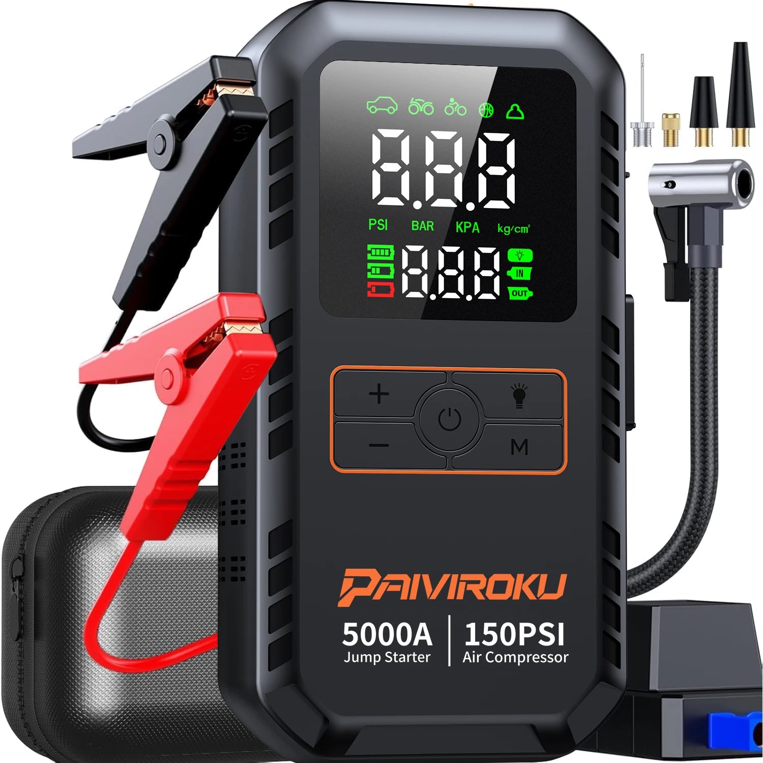 4-in-1 Car Jump Starter with Air Compressor, 150 PSI Tire Inflator, Power Bank