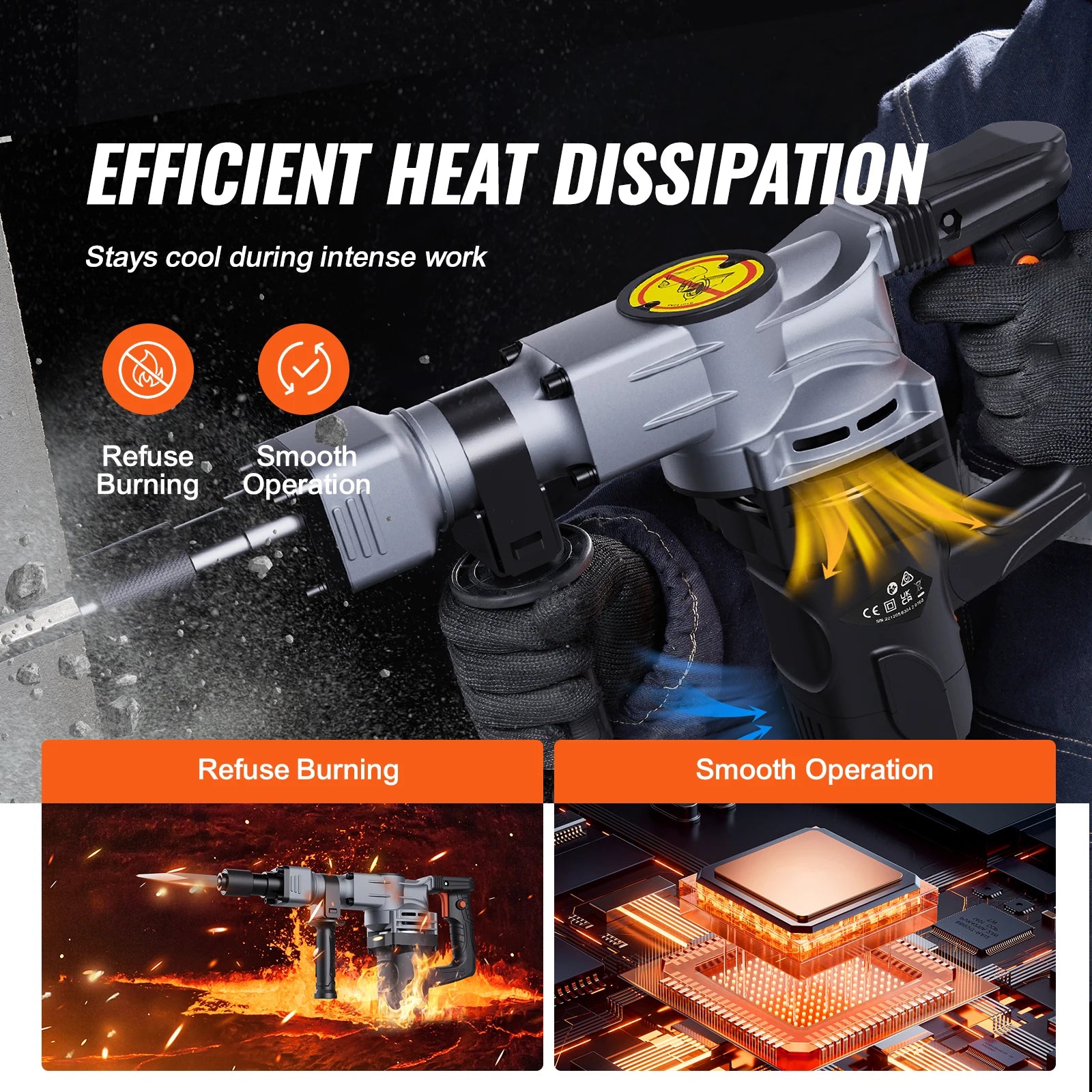 Marteau-piqueur électrique lourd SucceBuy 1400 W, 2 pointes / burins, embouts de fraisage avec étui, 2900 BPM, démolisseur de béton, gants noirs