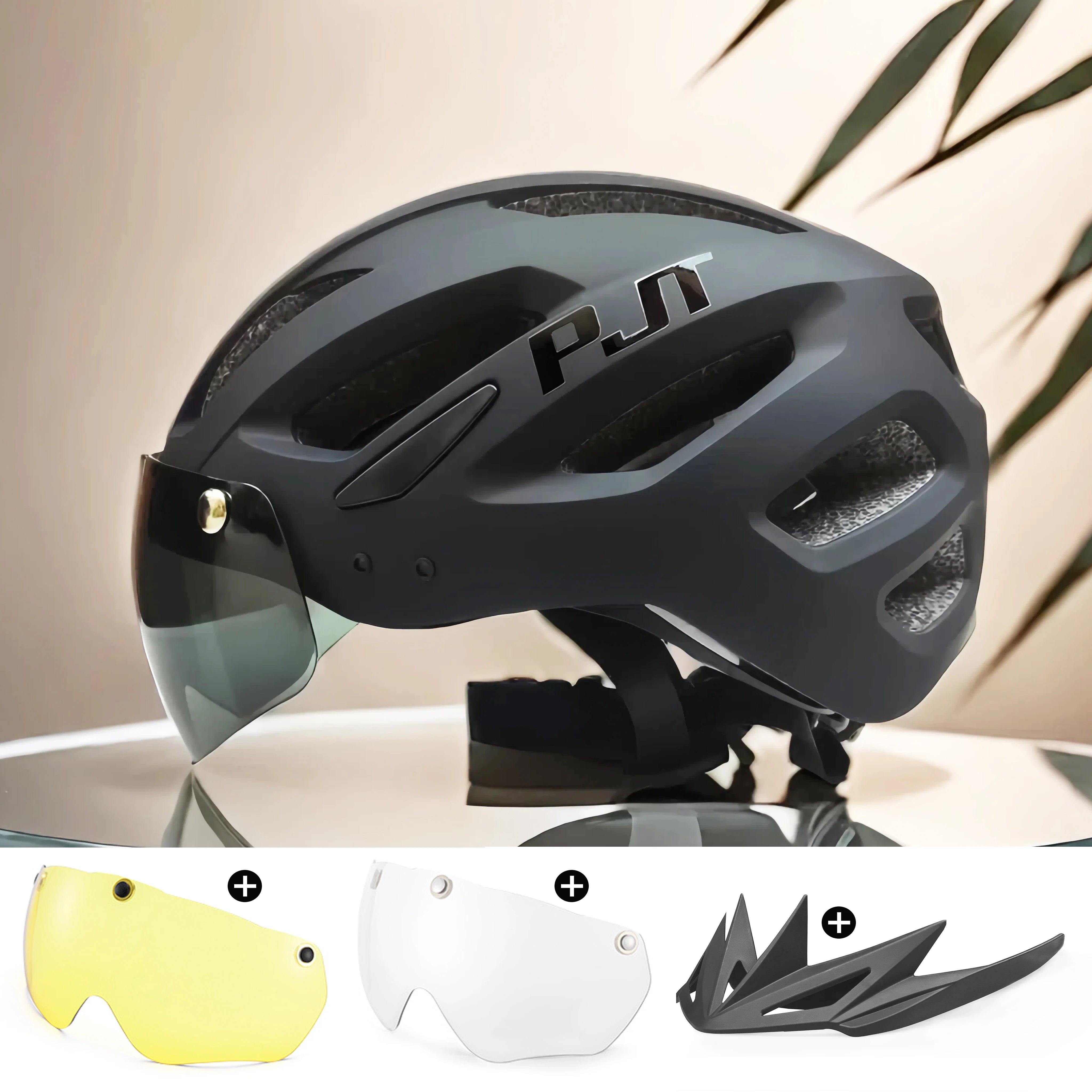 PJT New LED Bike Helmet With Sun Goggle Visor Rechargeable LED Men Bicycle Helmet Sunglasses Shield Road MTB Cycling Helmets 