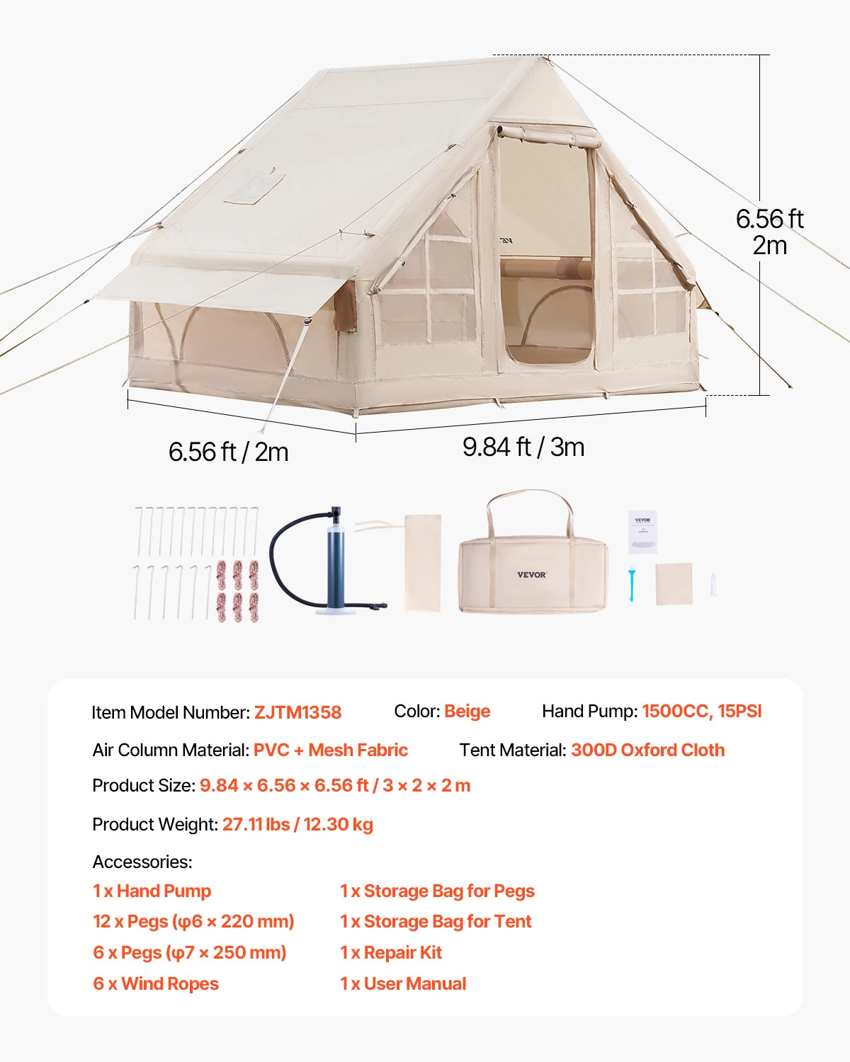 Tente de camping gonflable avec pompe, tente imperméable en Oxford pour 3 à 5 personnes
