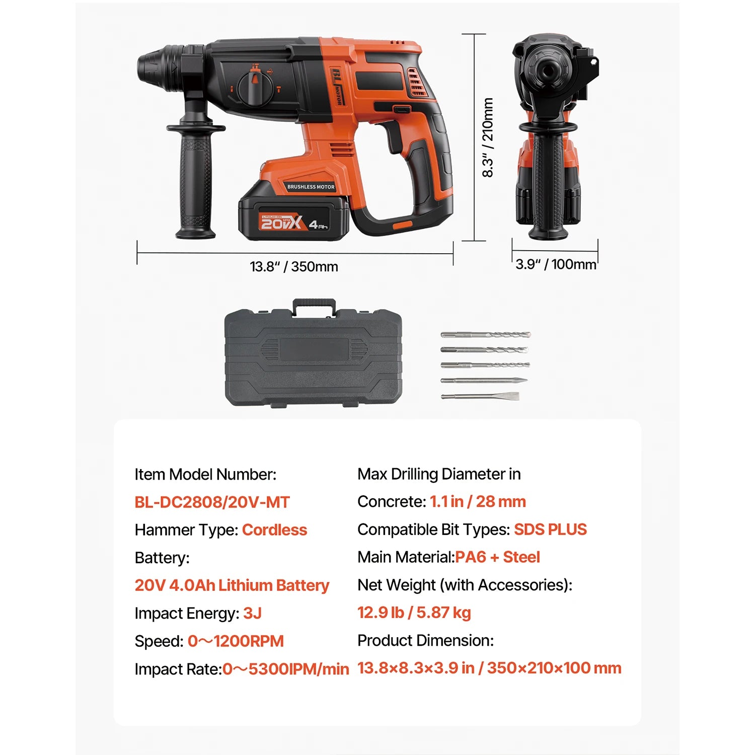 Cordless 20V SDS-Plus Rotary Hammer Drill 26mm with 4Ah Battery Kit