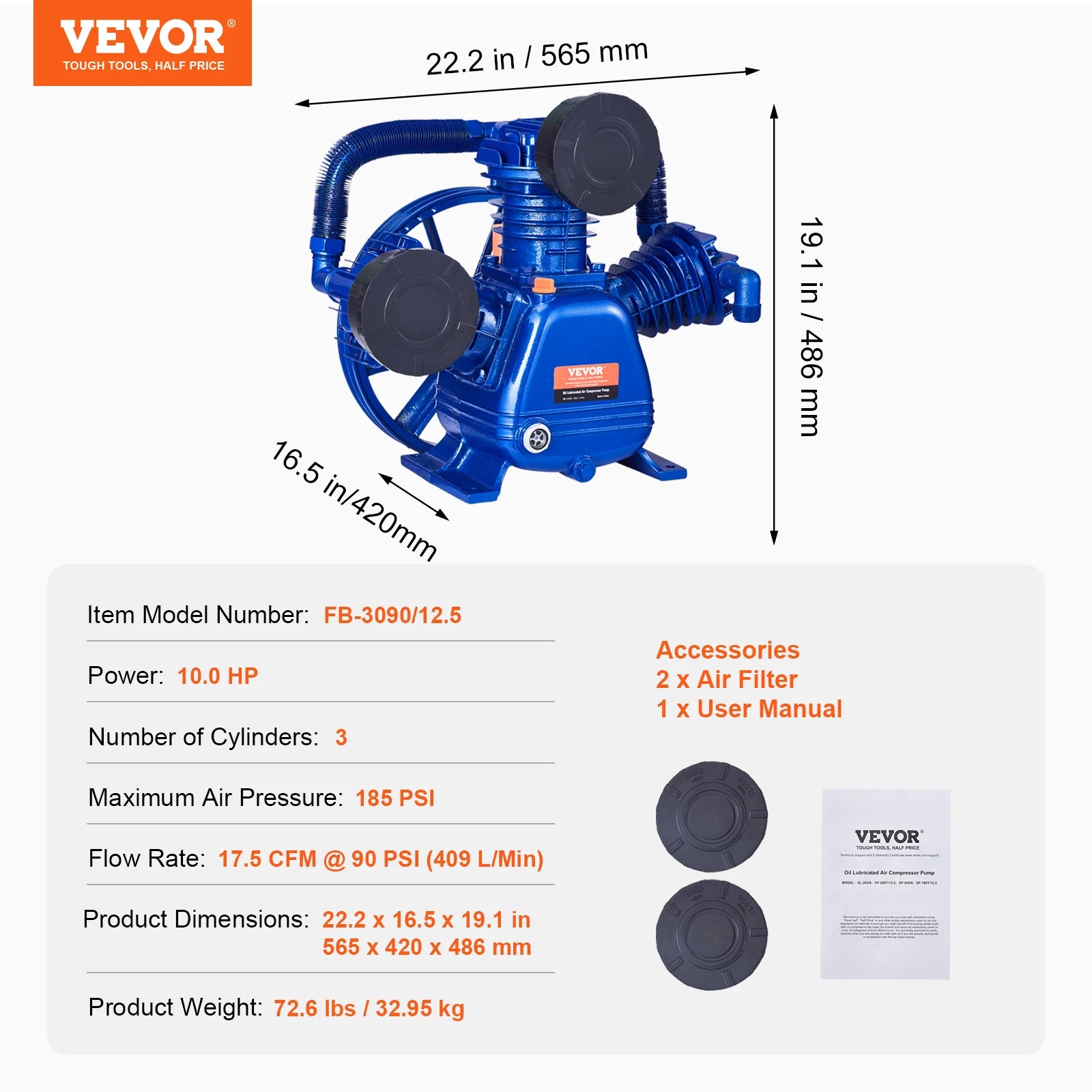 10HP 3válcový vzduchový kompresorový hlava čerpadla dvoustupňový 185 PSI