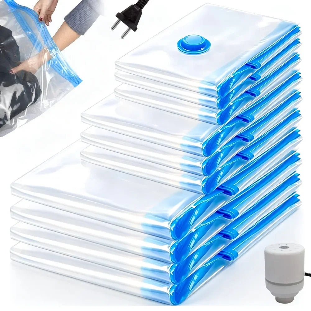 Multistorleks dammsugarskompressionspåsar set om 10 med elektrisk pump