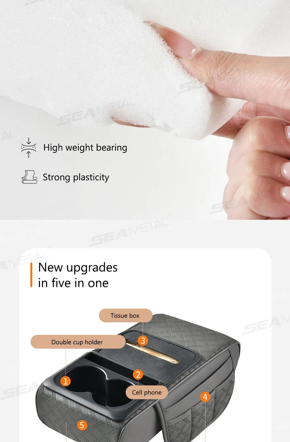 SEAMETAL 12 in 1 Car Arm Rest Cushion Multi-Pocket Center Console Cushion with Cup Holder/Tissue Holder Car Elbow Support Pad