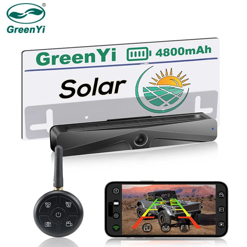GreenYi Wireless Solar Energy 5G WiFi HD 1080P Rear/Front License Camera with Built-in 4800mAh Battery for iPhone For Car Van RV 