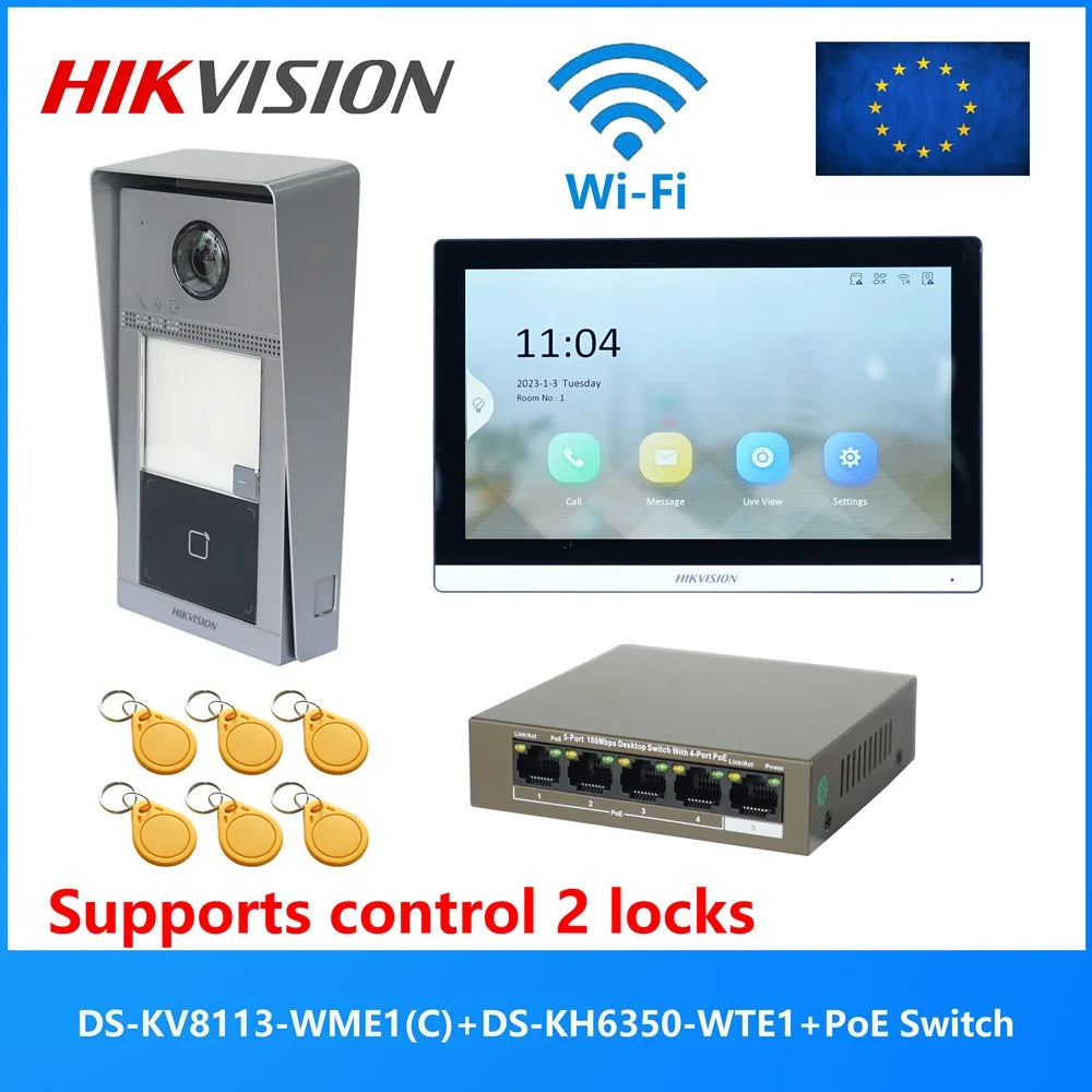 HIKVISION Original Multi-language POE Video intercom KIT,include DS-KV8113-WME1(C) & DS-KH6350-WTE1 & PoE Switch Spy-shop.com