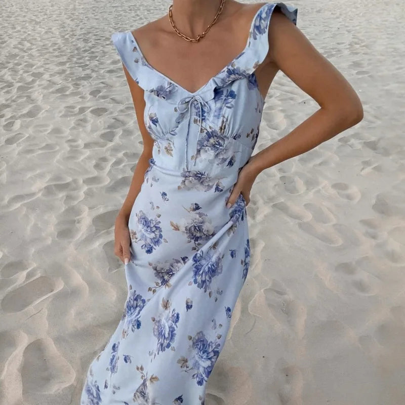 Cryptographic Summer Floral Print Plunge Maxi Dress Outfits Sexy Backless Fairy Sun Dresses Vacation Beachwear Vestido Coquette 