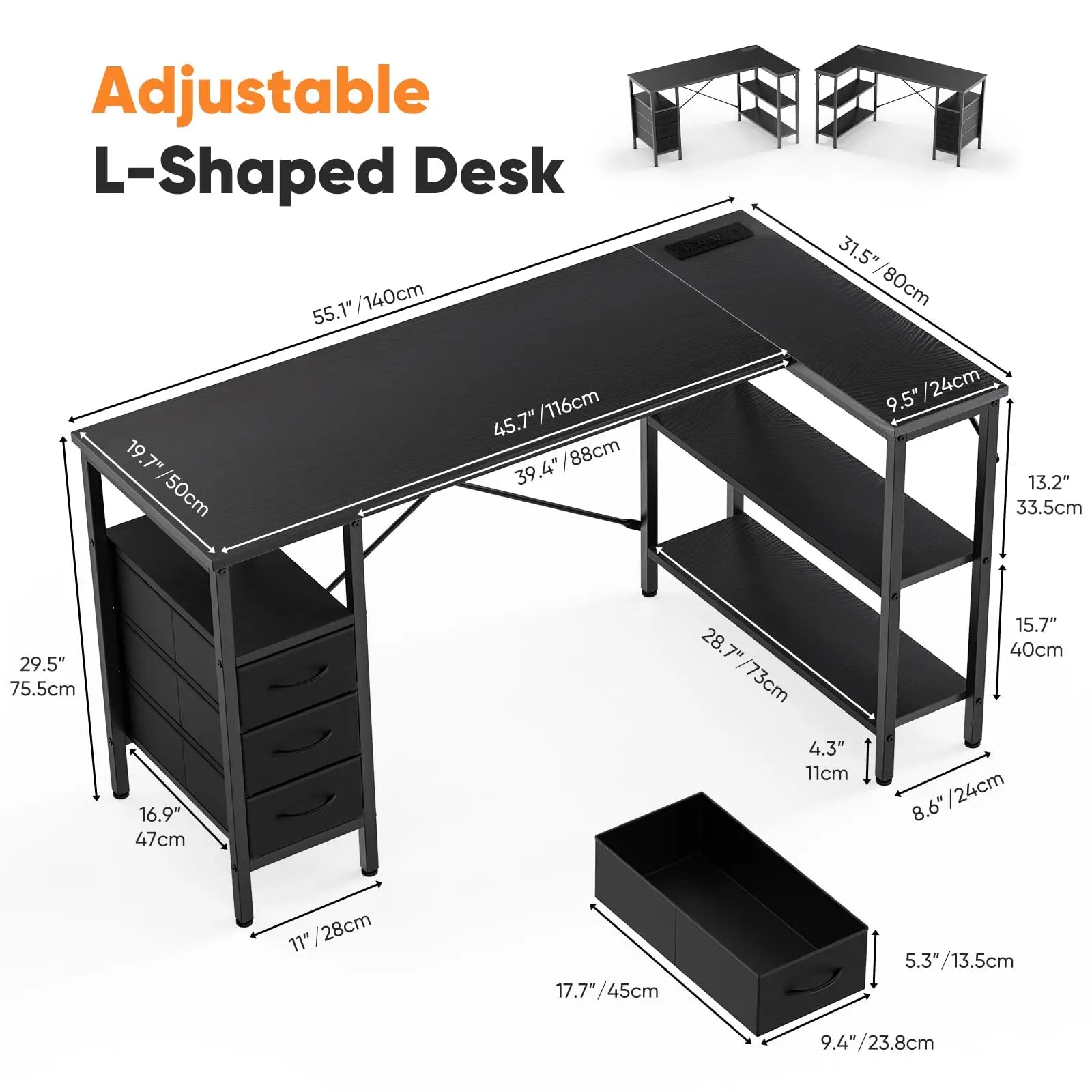 55 Inch L-Shaped Desk with Drawers, Shelves & Built-In Power Outlet