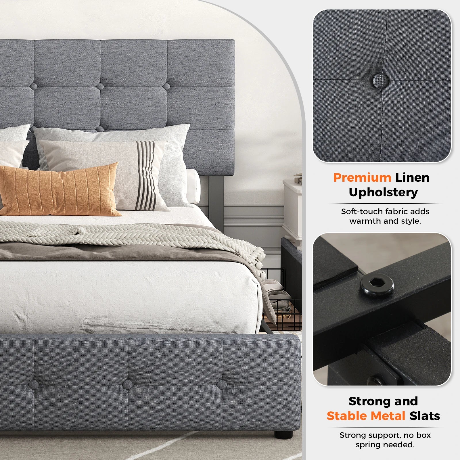 Upholstered Bed Frame with 4 Drawers & Adjustable Headboard