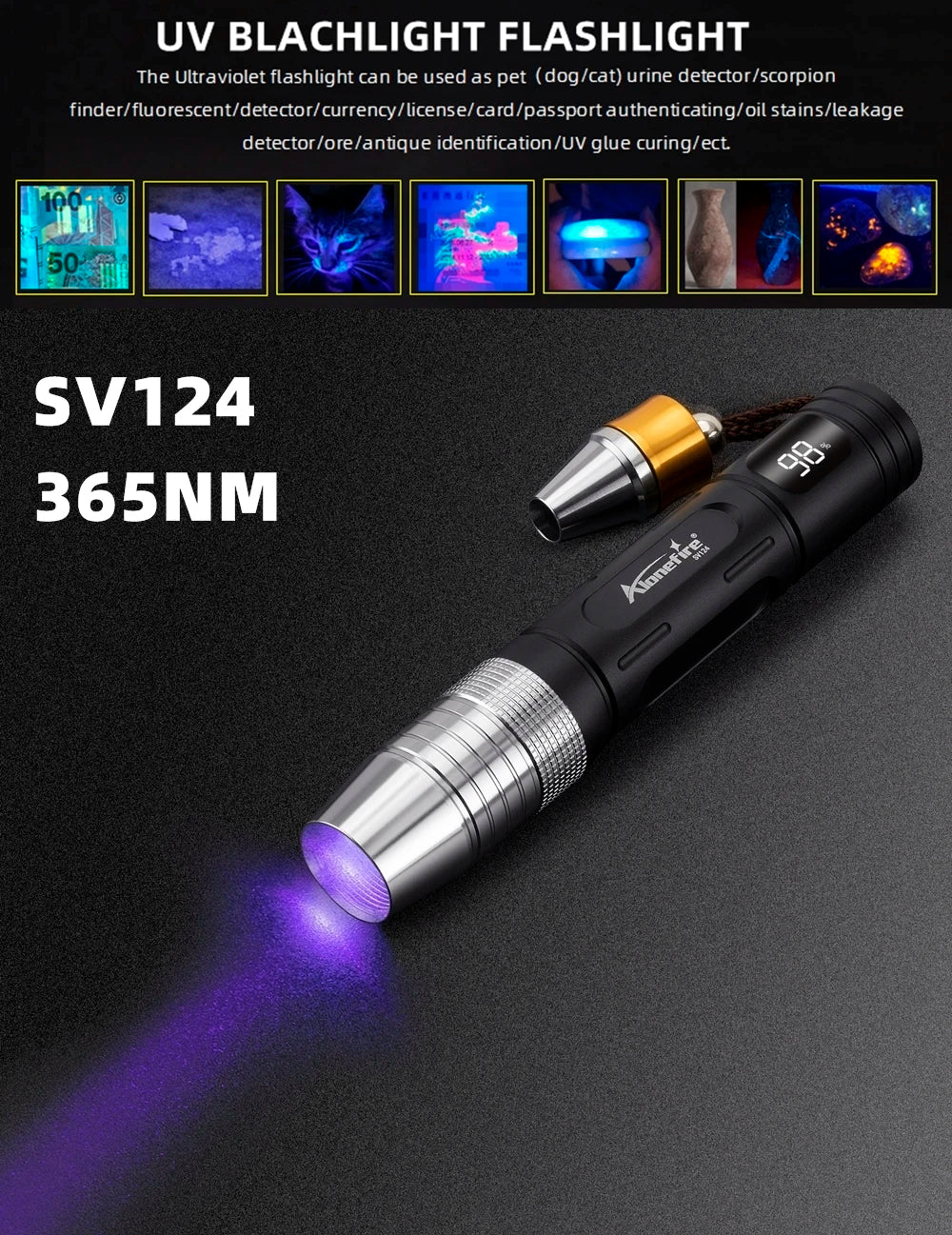 4-v-1 detektor nefritu, svetlo UV 365 nm, nabíjateľná baterka