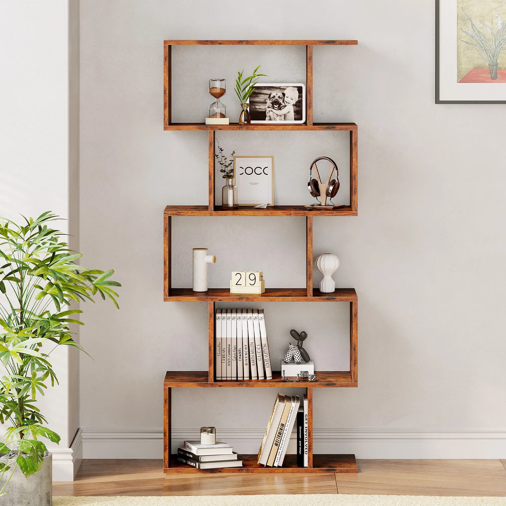 Bibliotecă din lemn cu 5 rafturi în formă de S, 62 inch, pentru depozitare și expunere