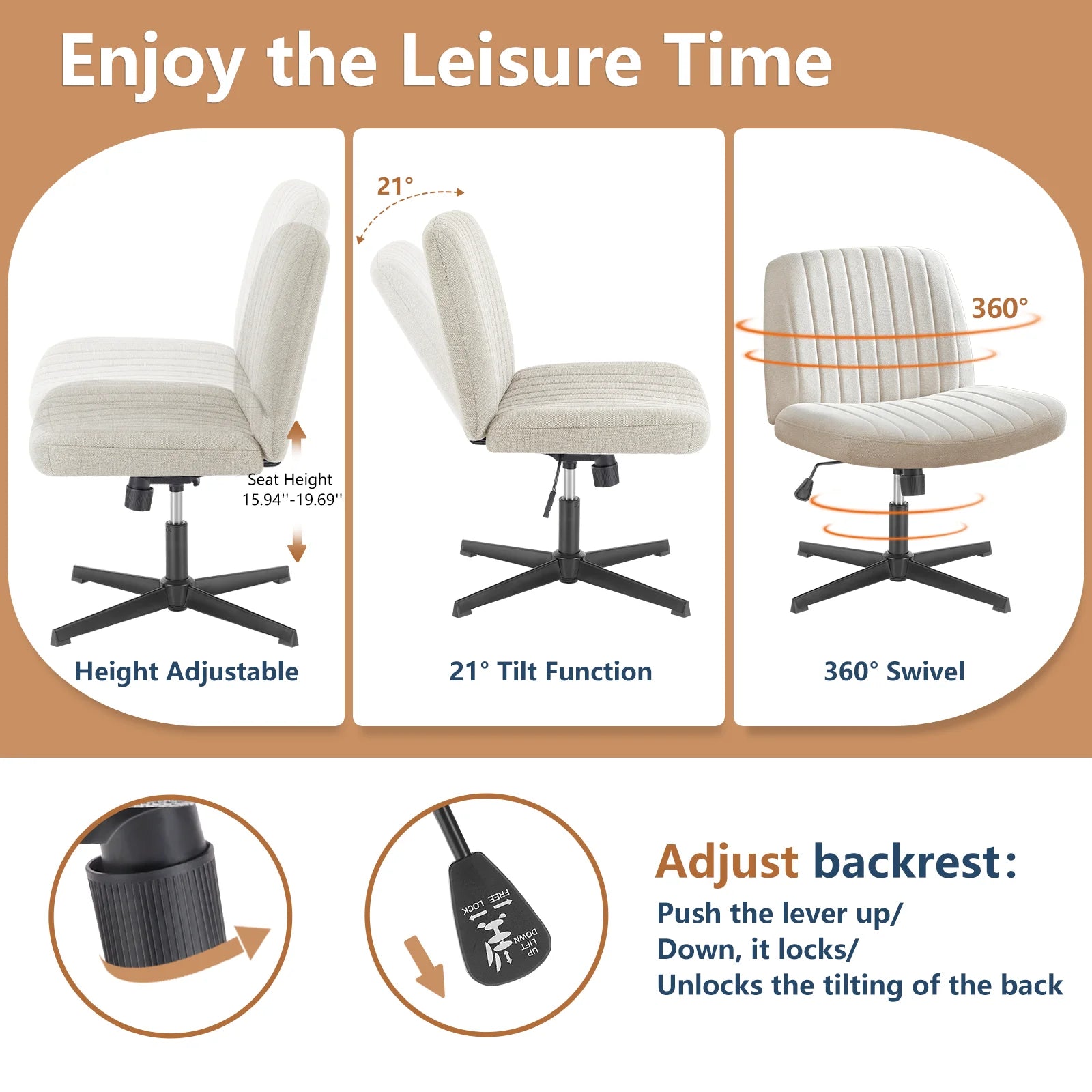 Wide Cross-Legged Office Chair Armless Adjustable Swivel Seat