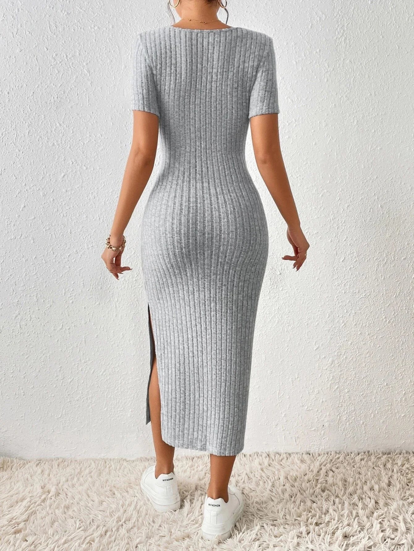 Women Spring Summer Style Knitted Dress Lady Casual Short Sleeve Square Collar Side Slit Dress Vestidos 