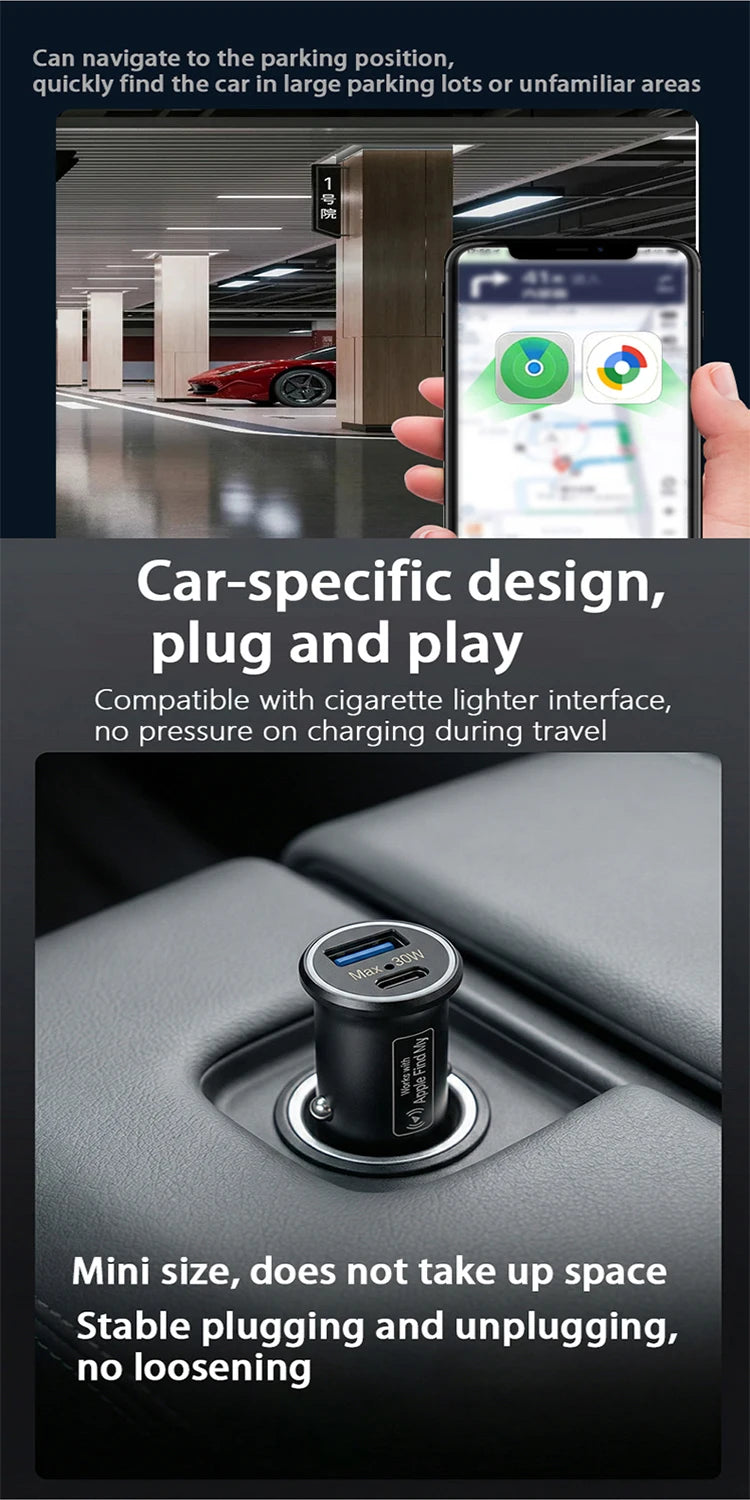 Încărcător auto 30W USB Type C cu locator GPS pentru Apple Find My App Android Find Hub APP Anti-loc Locator