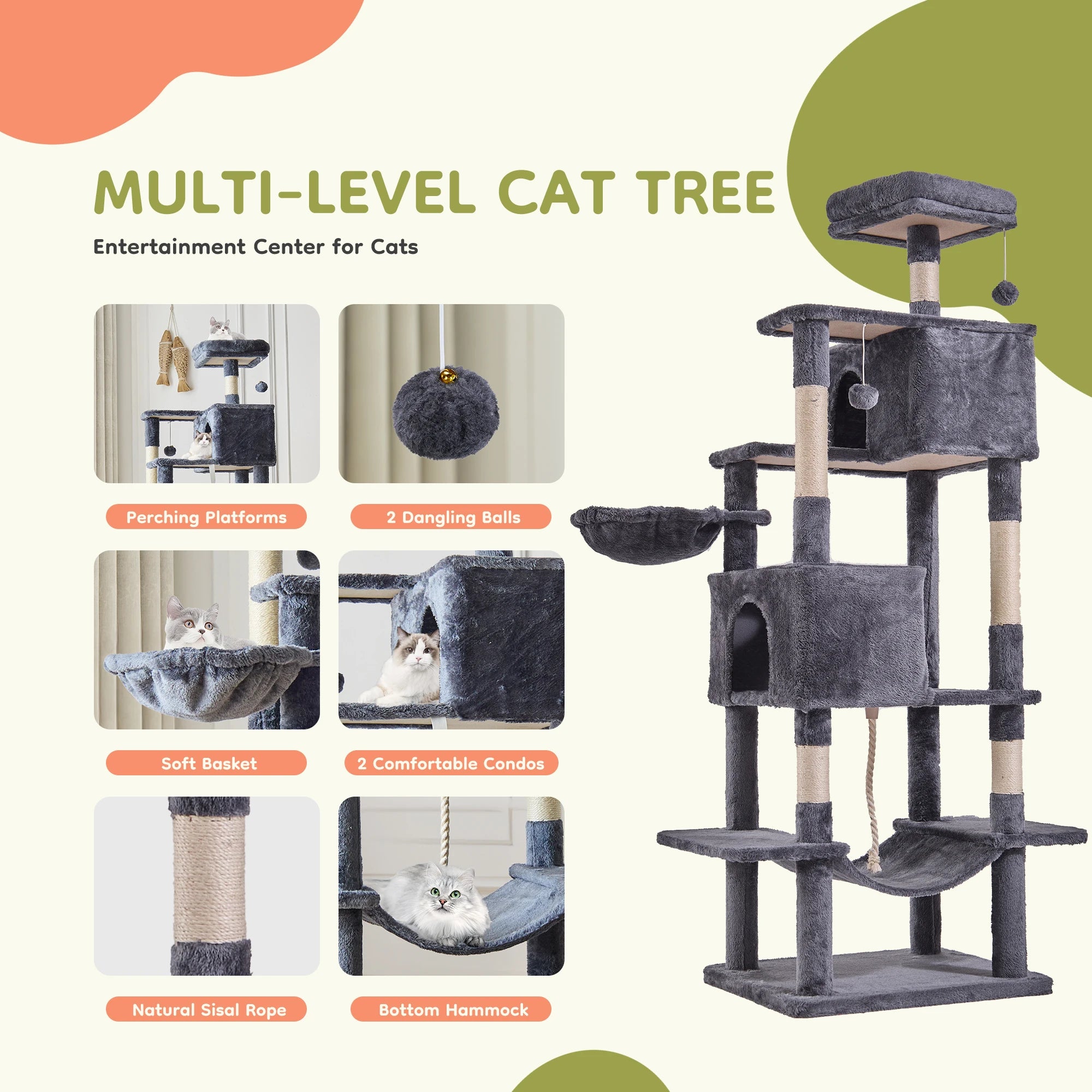 66-Inch Multi-Level Cat Tree Tower with Condo, Hammock & Scratching Posts