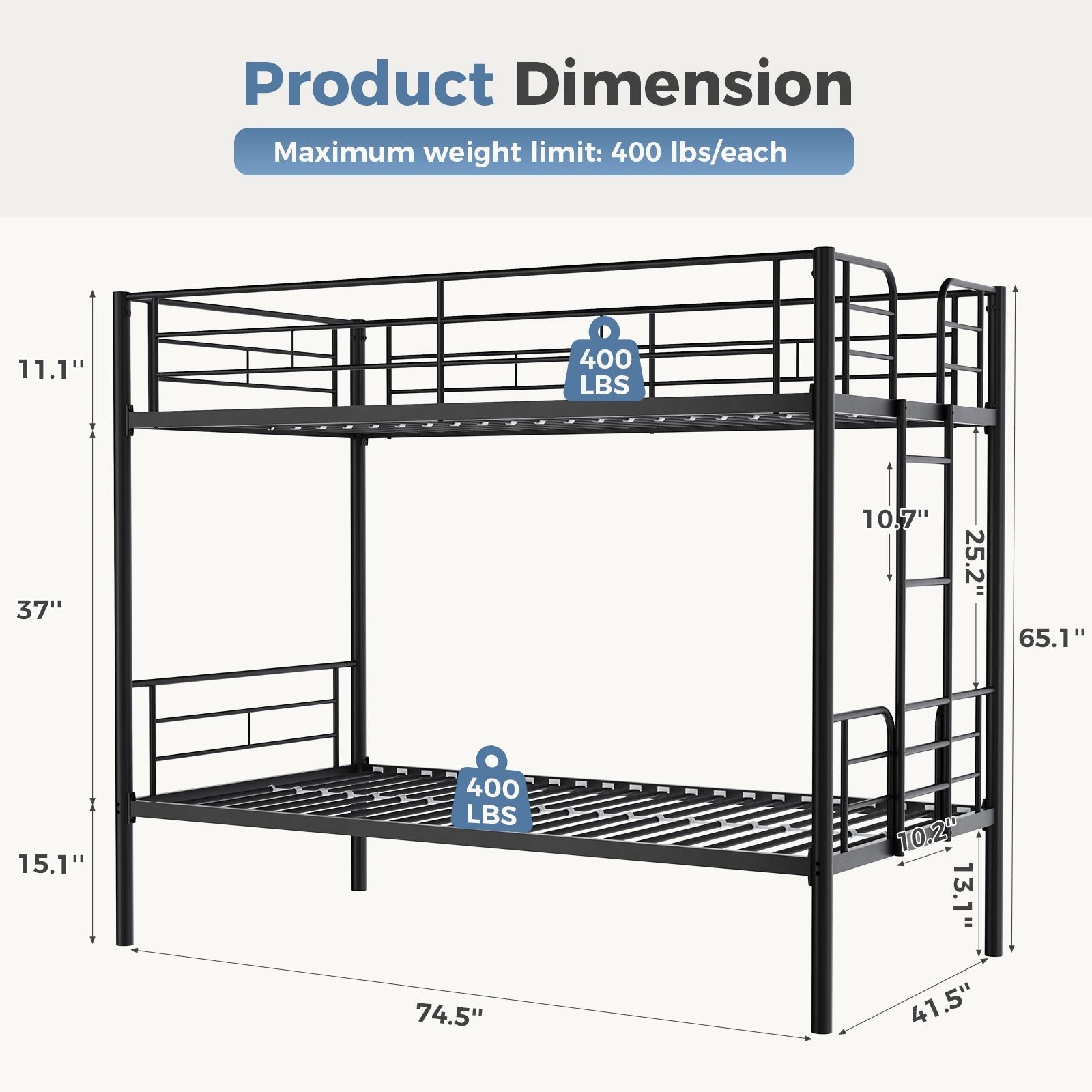 Heavy Duty Metal Bunk Bed Frame with Ladder & Guardrails
