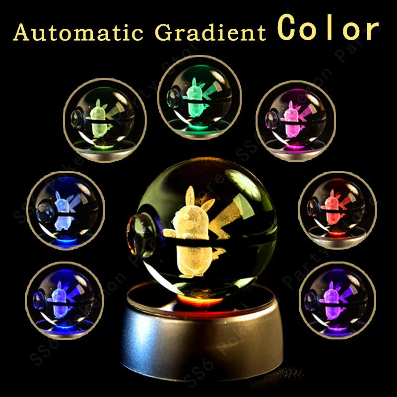 Pokemon Crystal Ball 3D Pikachu Gengar Mewtwo Night Light Lamp Pokeball 3D Glass Pokemon Crystal Ball Statue Kids Birthday Gift 