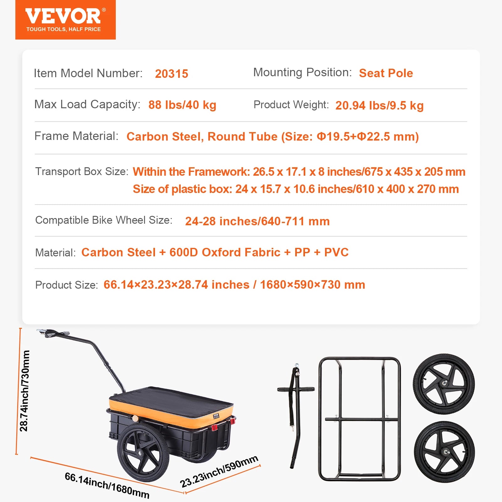 Bike Cargo Trailer 88 lbs Capacity Foldable Wagon with 16" Wheels