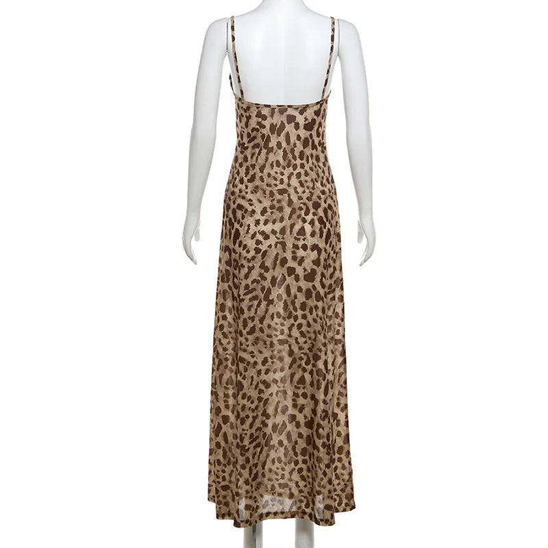 Vintage Leopard Print Sexy Cami Dress Women V Neck Sleeveless Party Dress Fashion 2024 Summer Streetwear Dress 