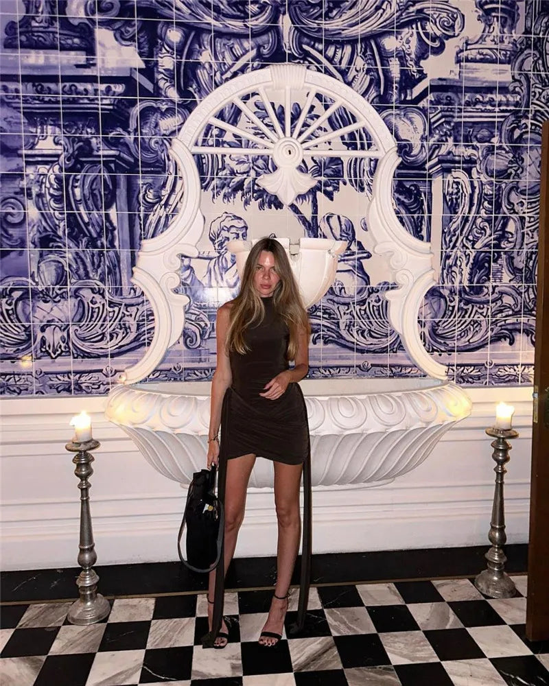 Mozision Turtleneck Sleeveless Sexy Mini Dress For Women Fashion Irregular Ruched Tank Dress Femme Elegant Club Party Dress 