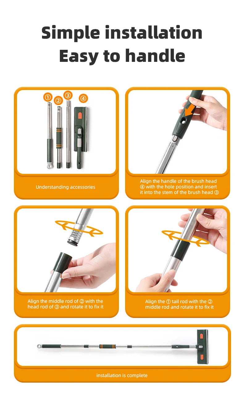 72-226CM Extended Window Cleaning Tool Glass Cleaner Mop with Silicone Scraper Window Cleaning Brush Household Cleaning Tools 